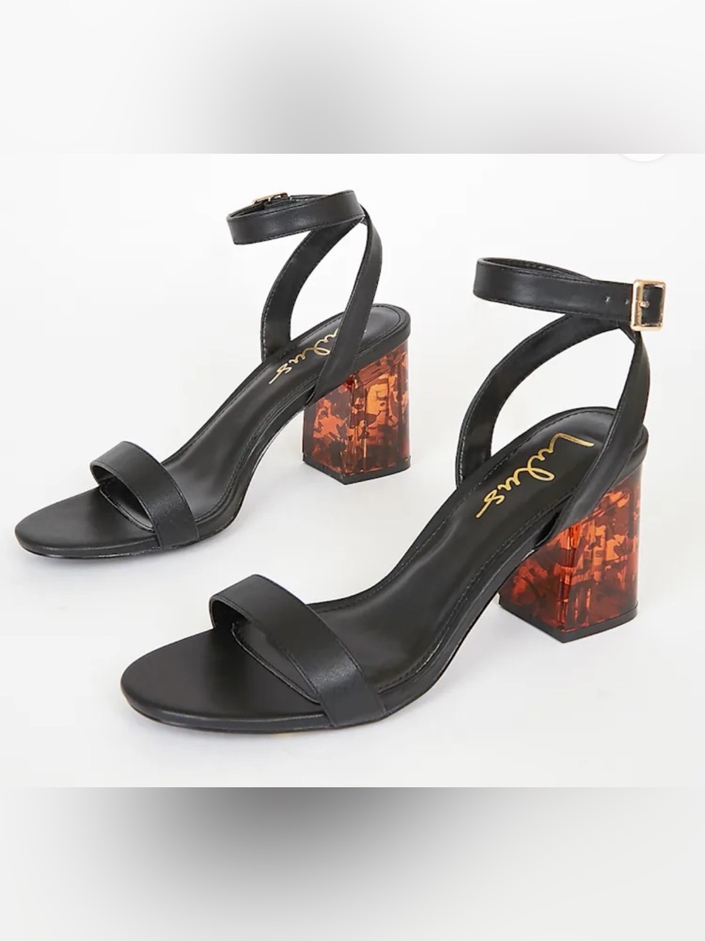 NWOT Lulu's Black Saylee Ankle Strap Sandal Amberww Tortoiseshell Block Heel 8 - Picture 2 of 9